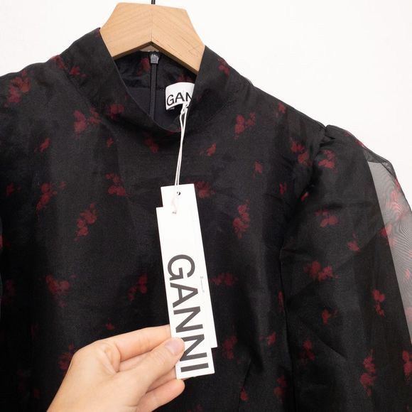 GANNI Floral Print Organza Short Shift Dress in Phantom 252 Size 42 NWT - Picture 7 of 11